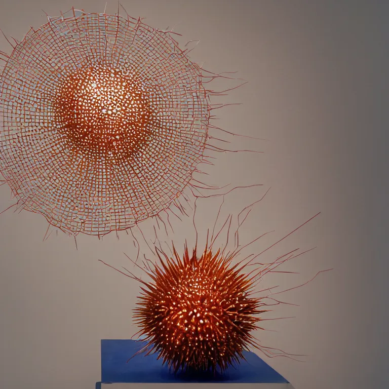 Prompt: hyperrealistic sculpture of a bronze ancient fossilized sea urchin curved spikes with opalescent blue and iridescent red spraypaint in a plywood grid cage on a pedestal by ron mueck and duane hanson and lee bontecou, hyperrealistic dramatic colored lighting trending on artstation 8 k