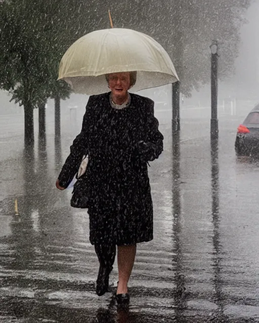 Image similar to margaret thatcher in torrential rainstorm on london street, full body, atmospheric moody hyper realistic award winning color cinematic still 8 k