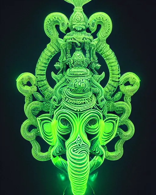 Image similar to 3 d ornate carved ganesha with profile portrait, sigma 5 0 0 mm f / 5. beautiful intricate highly detailed quetzalcoatl skull. neon green glow bioluminescent, plasma, lava, ice, creature, thunderstorm! artwork by tooth wu and wlop and beeple and greg rutkowski, 8 k trending on artstation