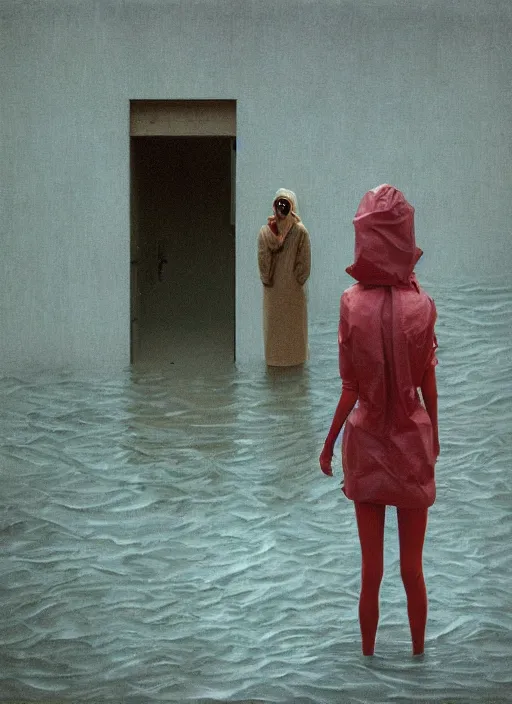 Image similar to woman in vr headset made of paper, dressed in plastic bags, on flooded street Edward Hopper and James Gilleard, Zdzislaw Beksinski, highly detailed