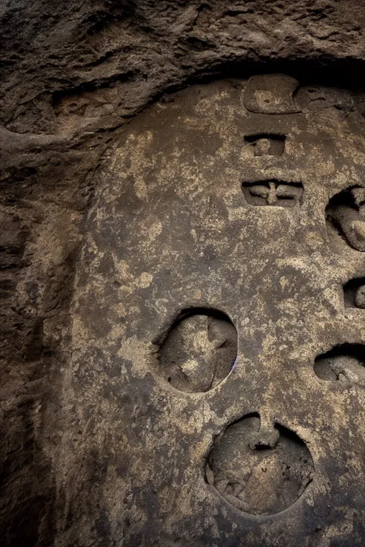 Image similar to 4 k photography of petroglyphs representing crosses, ufo, yin yang symbol on a cave