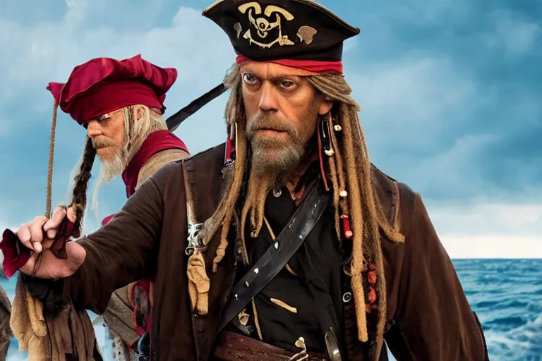 Prompt: promotional image of hugh laurie as a pirate captain in the new Pirate of the Carribean movie, very detailed face, movie still frame, promotional image, imax 70 mm footage