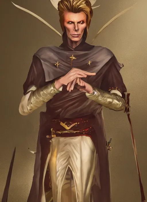 Prompt: A fantasy comic book style portrait painting of David Bowie as a cleric in a stunning fantasy fortress, unreal 5, DAZ, hyperrealistic, octane render, RPG portrait, dynamic lighting