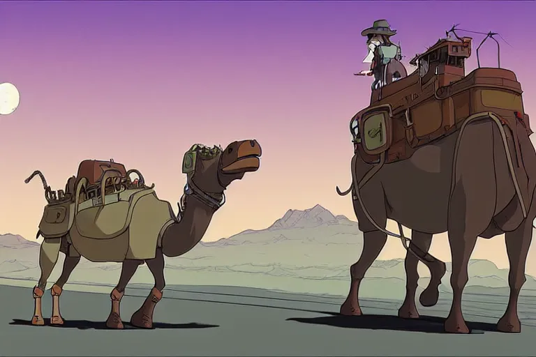 Prompt: a cell shaded cartoon of a lovecraftian mechanized camel from howl's moving castle ( 2 0 0 4 ), on a desert road, in front of a full moon, full body, wide shot, very muted colors, post grunge, studio ghibli, laurie greasley, highly detailed, deviantart, art by artgem