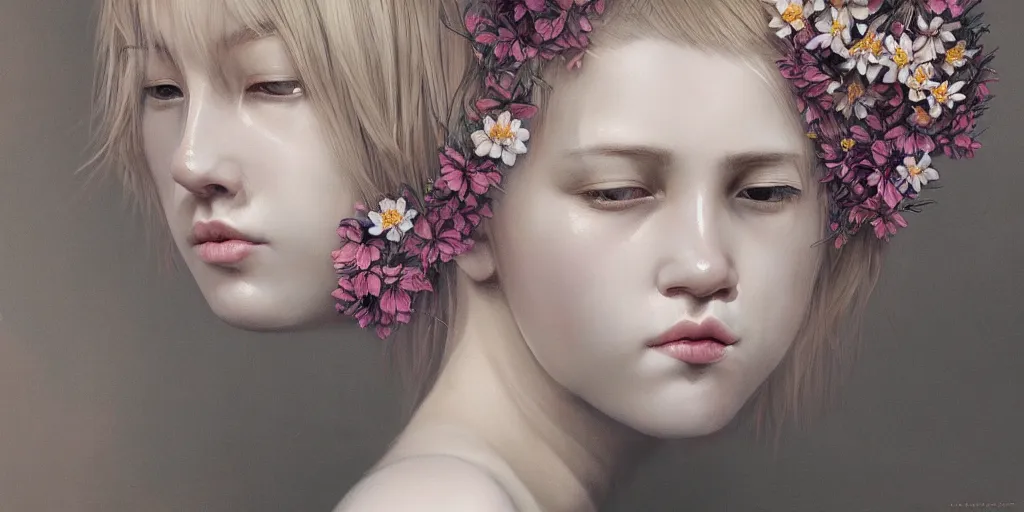 Prompt: breathtaking detailed concept art painting pattern of blonde short hair faces weird girls with anxious piercing eyes and blend of flowers, by hsiao - ron cheng, bizarre compositions, exquisite detail, extremely moody lighting, 8 k