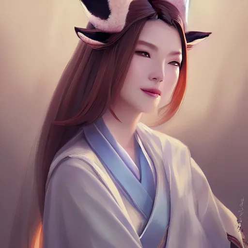 Prompt: A potrait of a beautiful, shapely woman with fox ears wearing a modest kimono, digital painting, by Stanley Artgerm Lau, WLOP, Rossdraws, LeraPi, and Sakimichan, digtial painting, trending on ArtStation, deviantart, SFW version