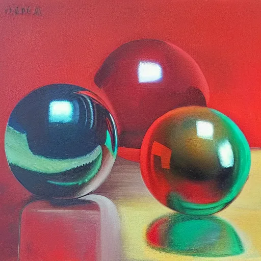 Prompt: chrome spheres on a red cube, oil on canvas
