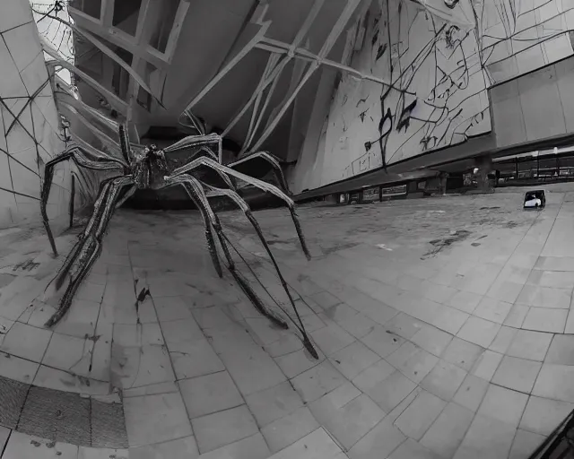 Image similar to camera footage of a Gigantic spider in an abandoned shopping mall, high exposure, dark, monochrome, camera, grainy, CCTV, security camera footage, timestamp, zoomed in, fish-eye lens, spiders, spider, spider, spider,