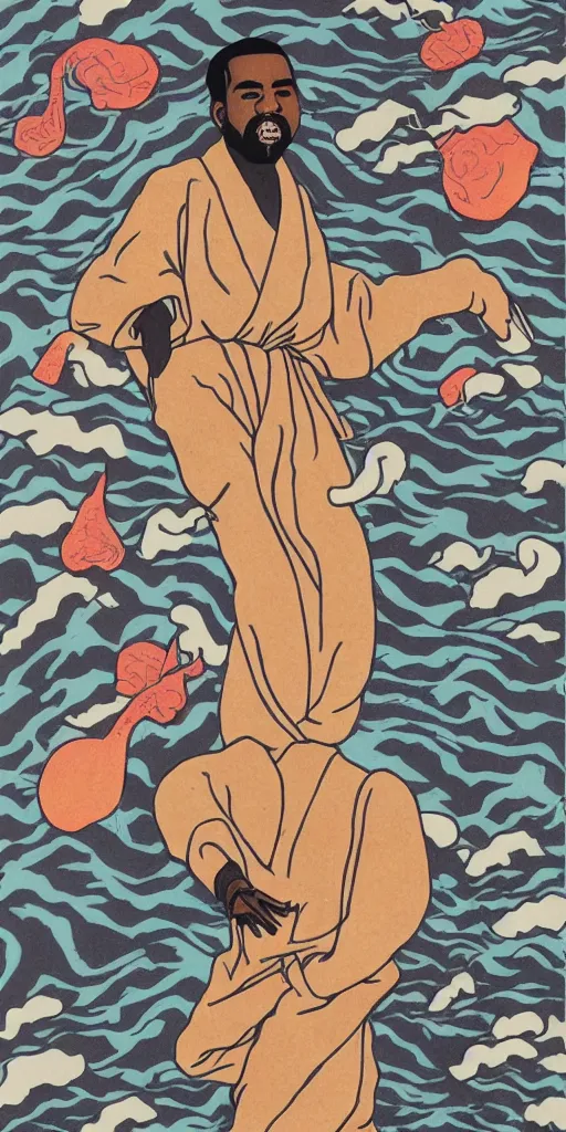 Prompt: a full body portrait of kanye west taking a bite of a giant psychedelic mushroom, ukio-e style,