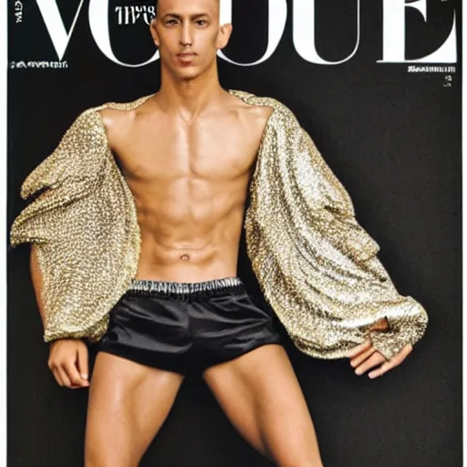 Image similar to a slim athletic beautiful latin male wearing a iris van herpen crop top, photographed by michelangelo for vogue magazine