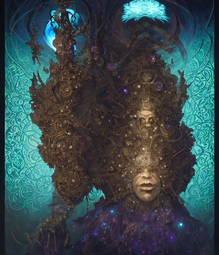 Image similar to front shot of a court jester character, hyperdimensional, bioluminescent hypercubes, dark holography!!!, (((intricate))), elegant, highly detailed, centered, (((artstation, concept art, smooth, sharp focus, artgerm, Tomasz Alen Kopera, Peter Mohrbacher, donato giancola, Joseph Christian Leyendecker, WLOP, Boris Vallejo))), mugshot!!!!!, ugly!!!!!!, octane render, nvidia raytracing demo, octane render, nvidia raytracing demo, octane render, nvidia raytracing demo, grainy, muted, 8K, digitalblasphemy, metatron