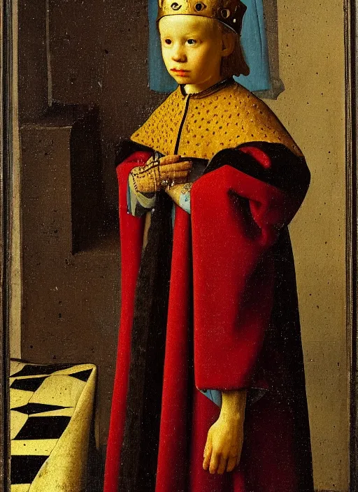 Image similar to portrait of a young king with a crown, medieval painting by Jan van Eyck, Johannes Vermeer, Florence