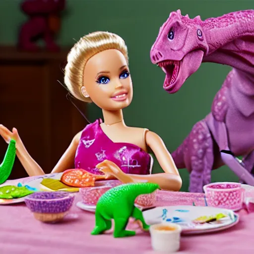 Image similar to barbie eating dinosaurs