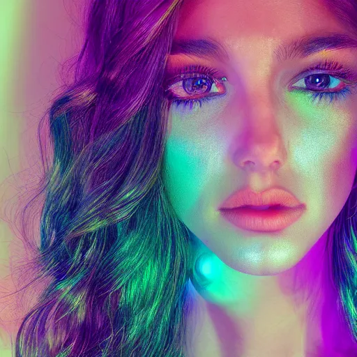 Image similar to goldenhour selfie photo of a stunningly beautiful model with large symmetrical violet eyes and flowing iridescent hair, rainbow light spectrum caustics and shadows cast by the blinds