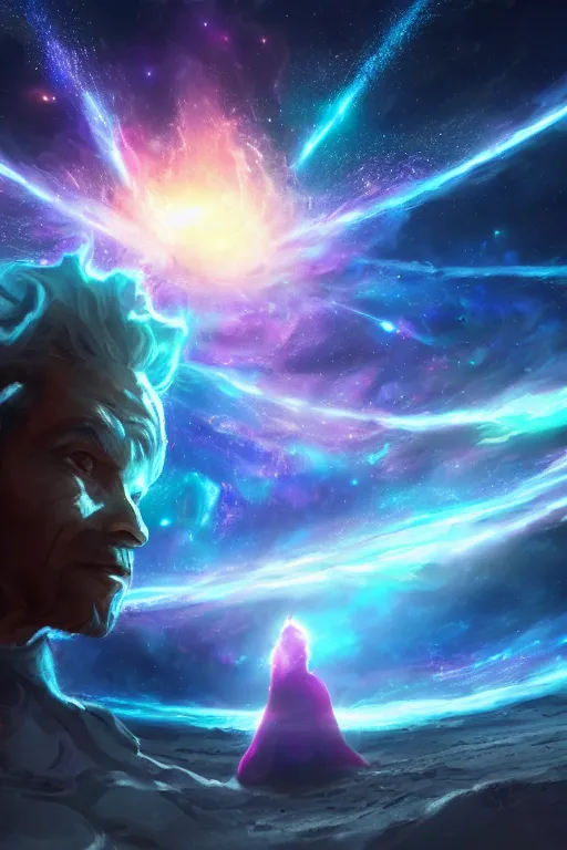 Prompt: epic galaxy bender experiencing the quantum field, elevated consciousness, beautiful astrological neural network, bob ross matte painting and tim burton comic book art, realistic, trending on artstation, sharp focus, depth of field, cinematic composition, physics splashes of colors, octane render, unreal engine