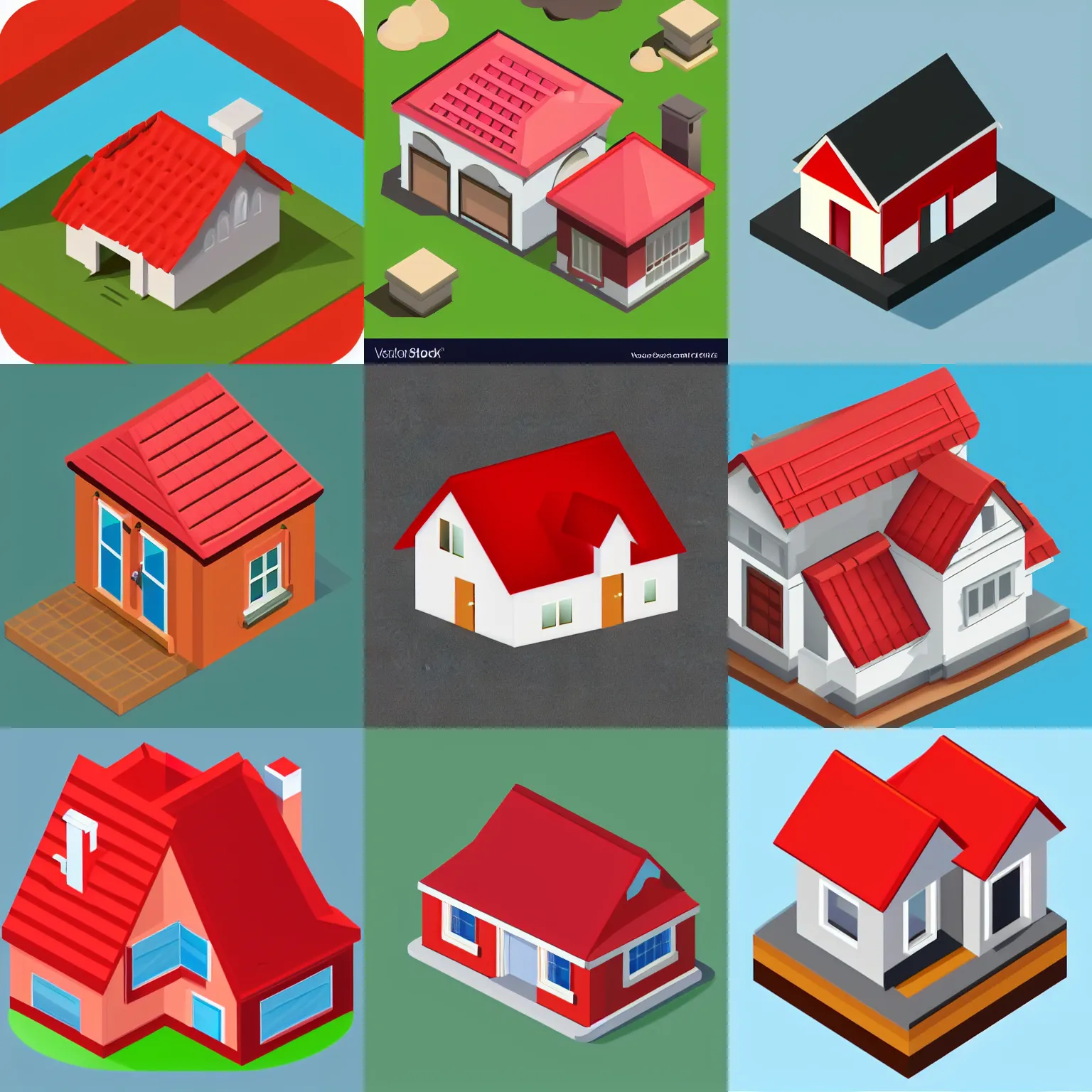 Prompt: isometric webdesign icon for house with red tile gable roof