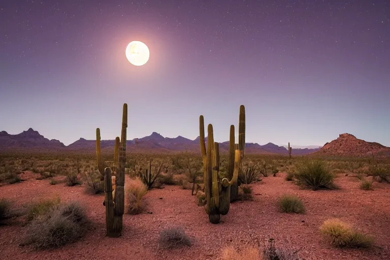 Image similar to beautiful landscape photography of an Arizona desert, dramatic lighting, cactus, lake, nighttime, moon,