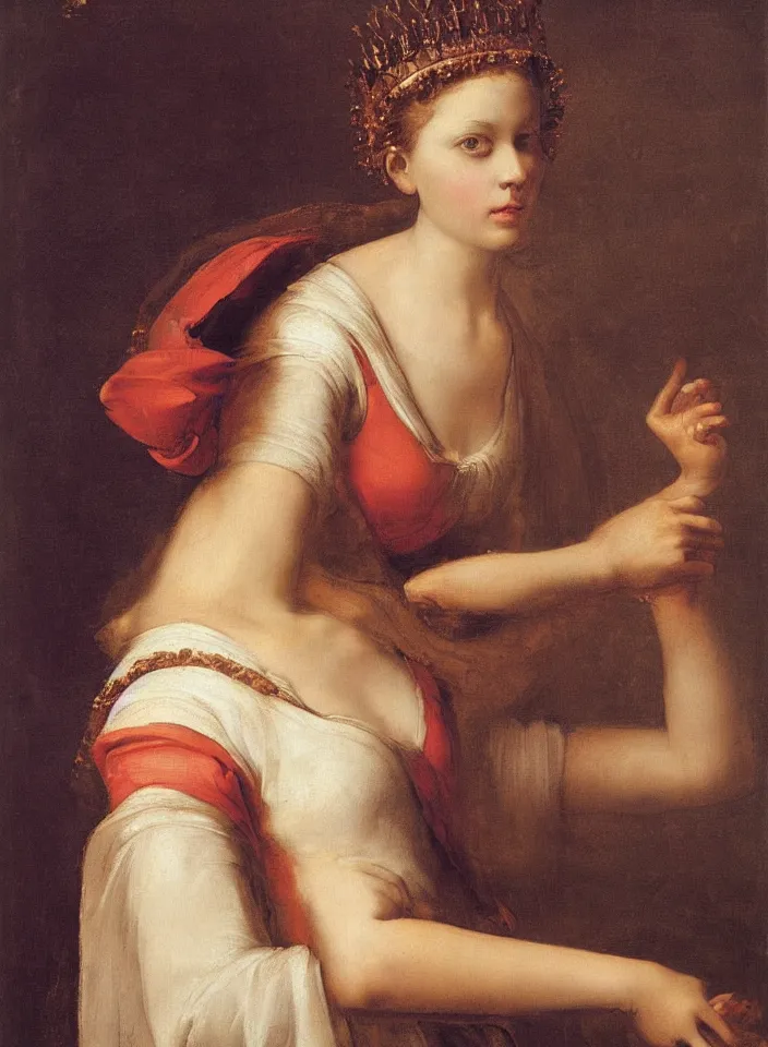 Image similar to portrait of a girl with a crown on fire, by Raffaello