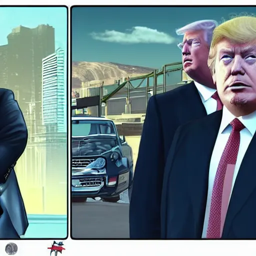 Image similar to boris johnson and trump in heist gear GTA V loading screen