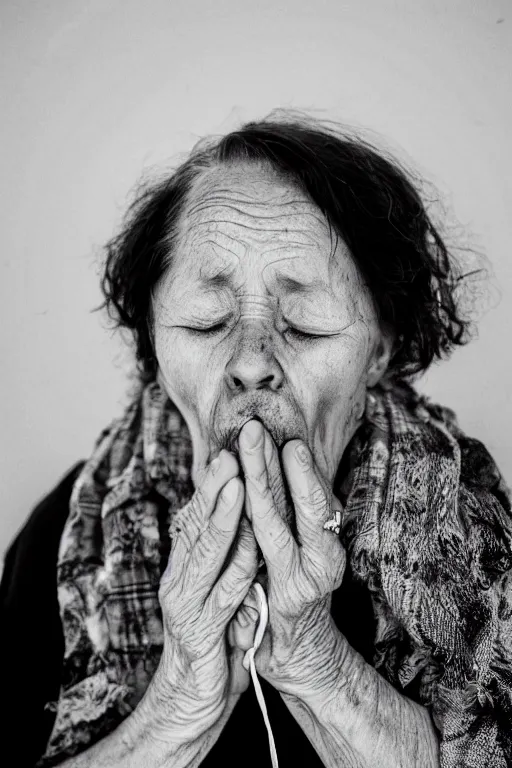 Prompt: Realistic black and white photography with 80 mm f/12 lens of old women with their eyes closed, spitting ECTOPLASMA from their mouth.