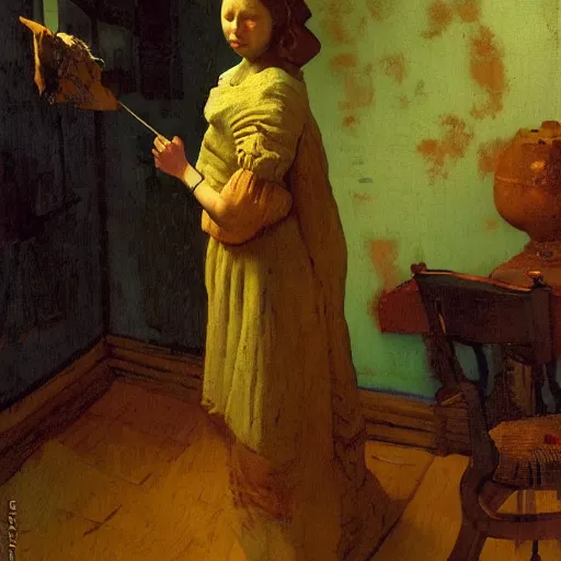 Image similar to !!!!! illustrated by johannes vermeer, greg rutkowski, gaston bussiere, van gogh, davinci, and zdzisław beksinski, award - winning, cgsociety contest winner