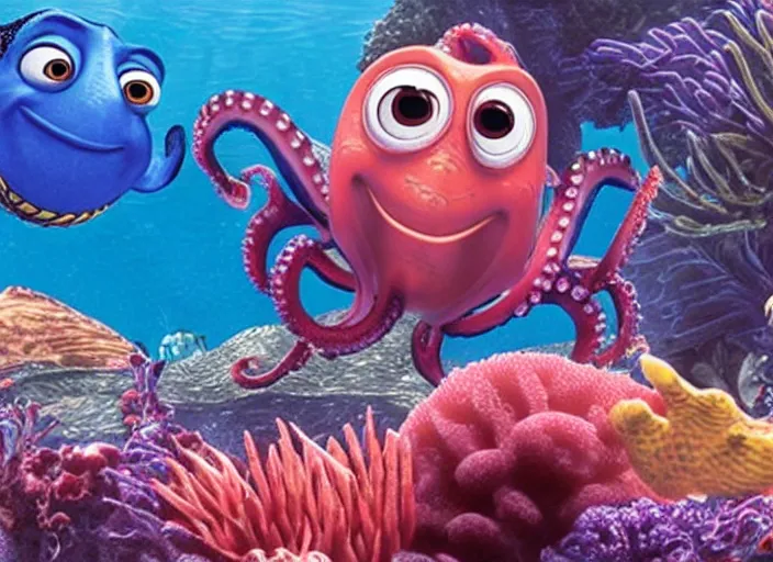 Image similar to film still of harry styles swimming with an octopus in the new finding nemo movie, 4 k