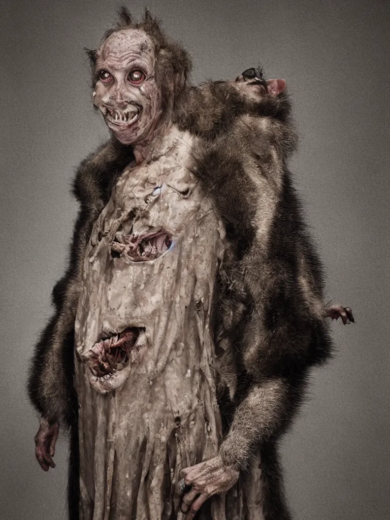 Image similar to 20mm f8 full body portrait photography of a grinning humanoid evil emaciated opossum sheriff in medieval Scotland, by erwin Olaf