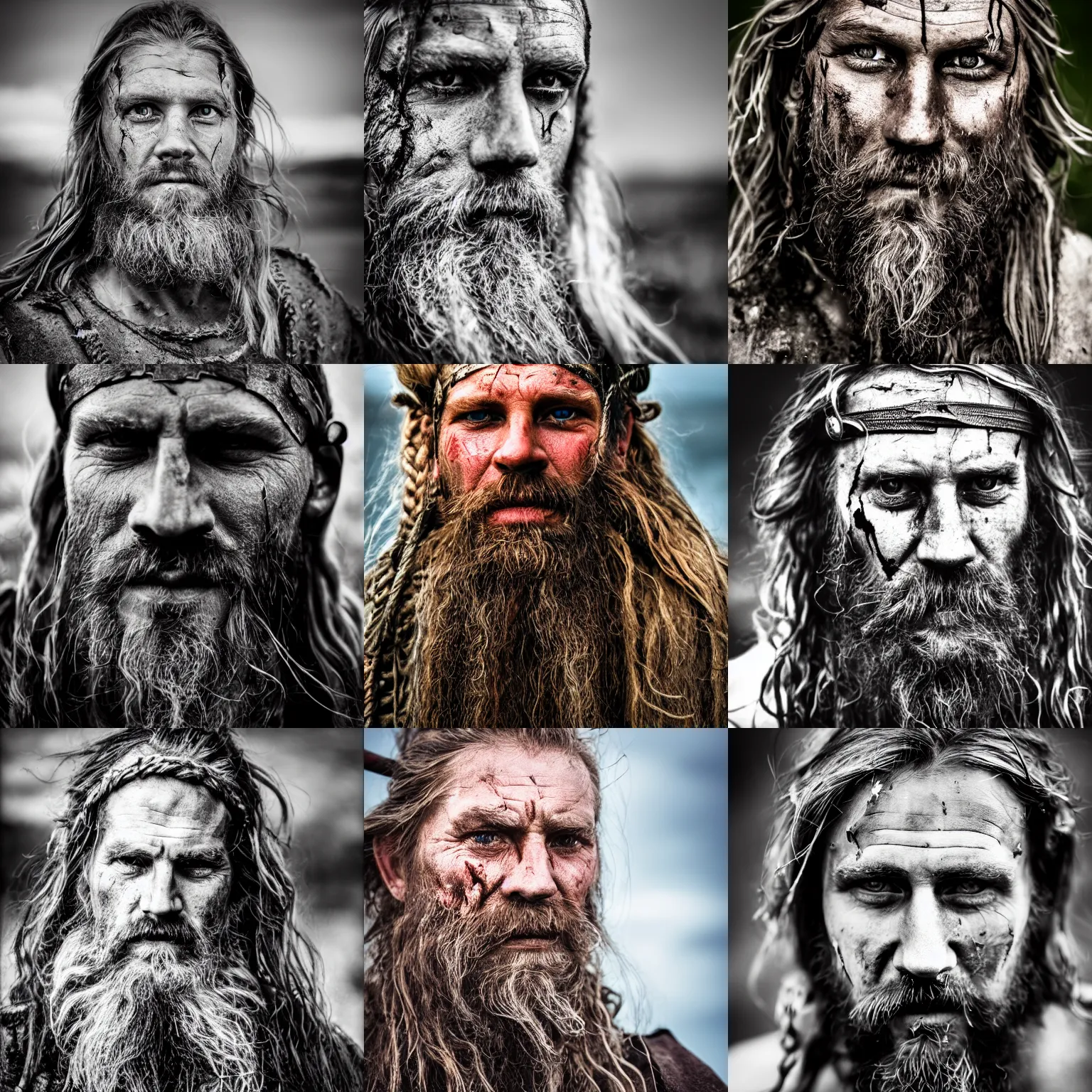 Prompt: portrait of a weathered rugged Viking warrior face after an epic fight, 50mm