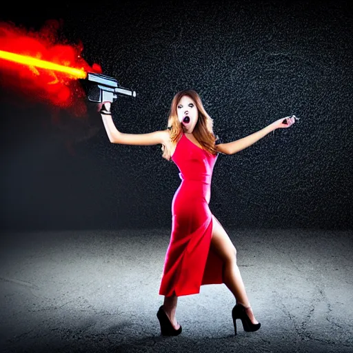 Prompt: action photography, perfect gorgeous beautiful young woman in a sexy dress and high heels firing a machine gun, muzzle flash, intense lighting, intense shadows, diffusion mapping, 8 k,