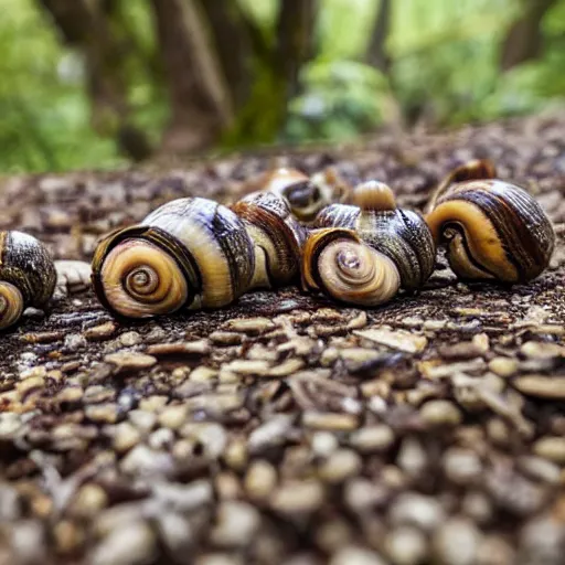 Image similar to a group of snails protesting in the forest. photograph, hyper-realistic