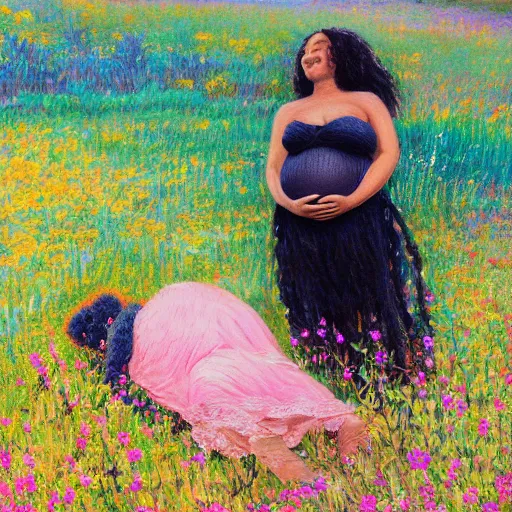 Image similar to pregnant black woman with curly hair in a vast field of flowers, laying down, a tiny black puppy running around, golden hour, vintage, impressionist painting, fine art, oil painting, dreamy, pastel, laughing, happy, intricate details, sharp, peaceful, serene