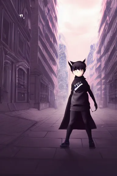 Prompt: little boy with cat ears in an big black outfit with red cape. digital artwork made by lois van baarle and kentaro miura, sharpness focus, inspired by hirohiko araki, anatomically correct, heroic composition, hero pose, smooth, noir city