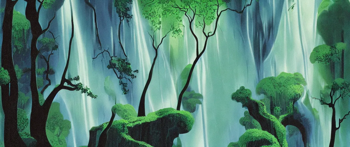 Image similar to eyvind earle disney background art of a beautiful waterfall in a forest