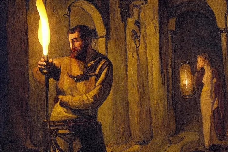 Image similar to a man holds a torch and explores a Dungeon, luminous, Art Nouveau