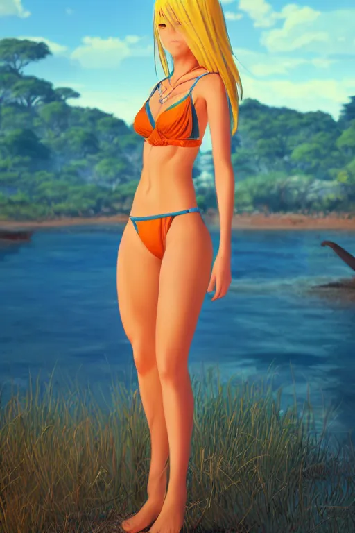 Image similar to beautiful blond woman in orange tribal bikini, blond hair pulled back, by makoto shinkai, 8 k, high resolution render, cinematic, sunset, lake, prehistoric jungle, unreal engine, clean lineart and flat color,