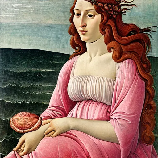 Image similar to an ultradetailed mythological oil painting of a beautiful woman with long brown hair, full body, wearing pink floral chiton, sleeping on a giant scallop shell, near the seashore, intricate lines, elegant, renaissance style, by sandro botticelli