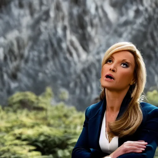 Image similar to cinematic movie still of a fox news anchorwoman reporting from rivendell, lord of the rings movie, by daniella zalcman, directed by peter jackson, highly detailed, canon eos r 3, f / 1. 4, iso 2 0 0, 1 / 1 6 0 s, 8 k, raw, symmetrical balance