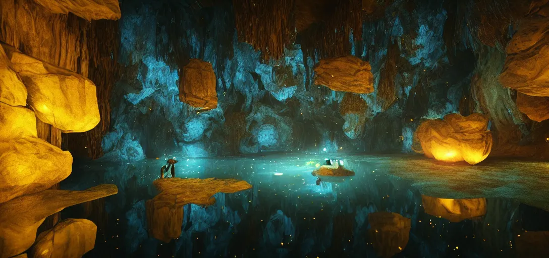 Prompt: beautiful view of inside a nightime magical space cave, glowing pond with accurate caustics, magical sparkling colored dust, unreal engine, dramatic lighting, ultra detailed, sharp, ambient occlusion, bloom, fireflies, glowing firebugs, global illumination, light rays, raytracing, vibrant, vivid colors, 3 d artstation render, by noah bradley and jordan grimmer