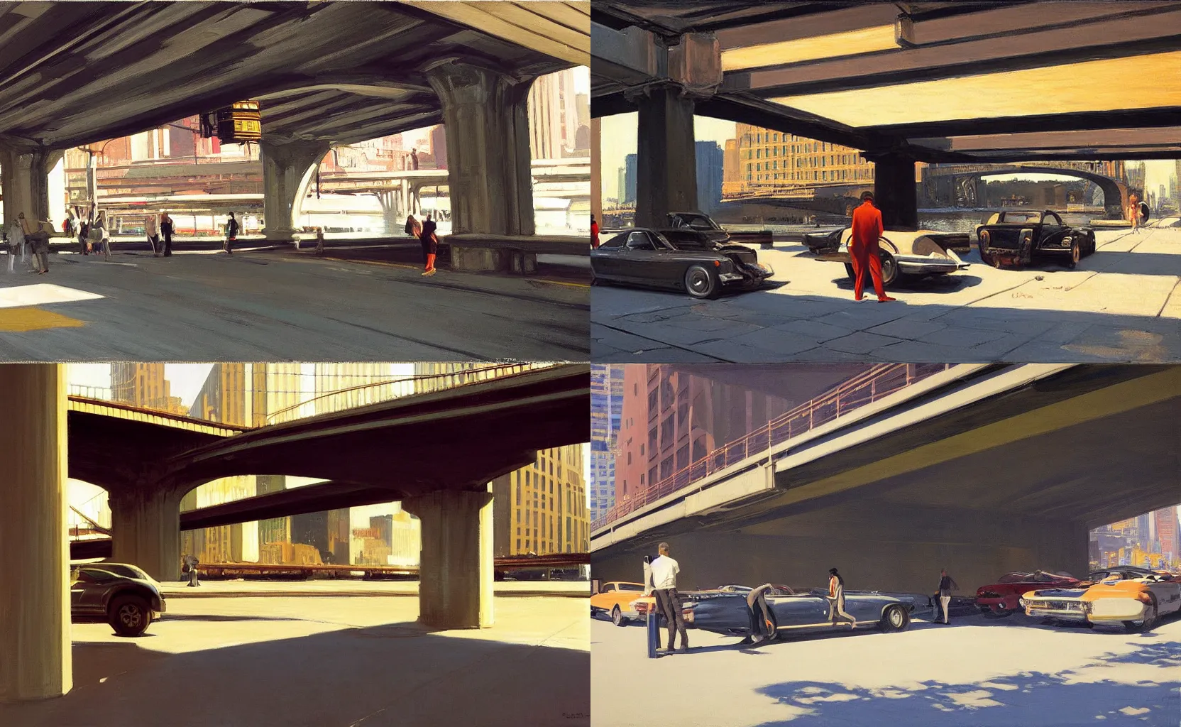 Prompt: under a bridge in New York City, painting by Syd Mead and Edward Hopper