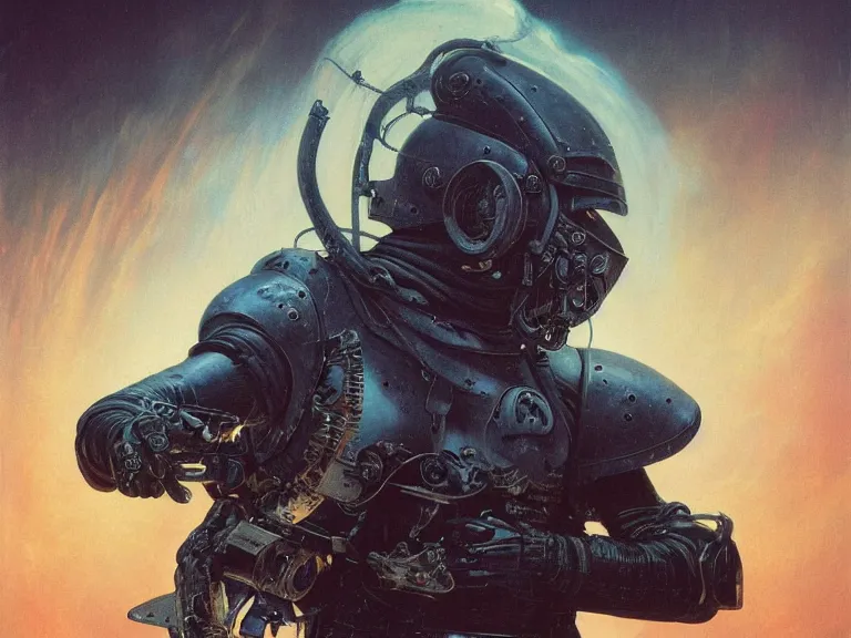 Prompt: a detailed profile painting of a bounty hunter in armour and visor, cinematic sci-fi poster. Cloth and metal. Flight suit, welding. Fire. anatomy portrait symmetrical and science fiction theme with lightning, aurora lighting clouds and stars. Clean and minimal design by beksinski carl spitzweg giger and tuomas korpi. baroque elements. baroque element. intricate artwork by caravaggio. Oil painting. Trending on artstation. 8k