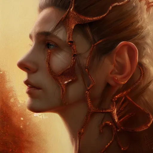 Prompt: A head-on head and shoulders detailed oil portrait of an elf woman with small horns of copper and copper dragon scales covering her arm and neck wearing a simple white robe, by greg rutkowski, trending on artstation, dungeon and dragons art