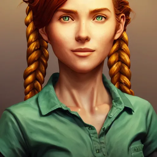 Prompt: an insanely detailed realistic depiction of smiling beautiful leah from stardew valley standing in front of chiseled wolf statue, green shirt, auburn hair, french braid, in the style of peter mohrbacher, artgerm, dramatic lighting and composition, octane render, trending on artstation, concept art 8 k