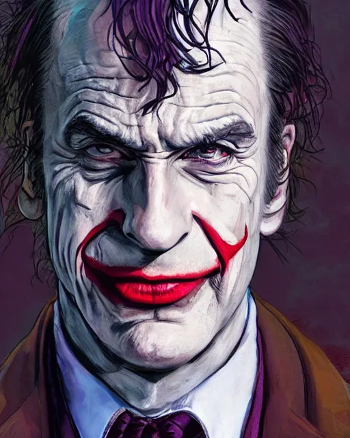 Image similar to portrait of saul goodman as the joker, fashion photography, art by makoto shinkai and peter elson, bernie wrightson