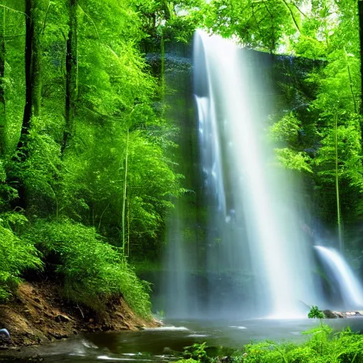 Image similar to professional photograph of a forest of trees. little specs of fireflies and a river in between leading to a water fall, photo realism, perfect lighting