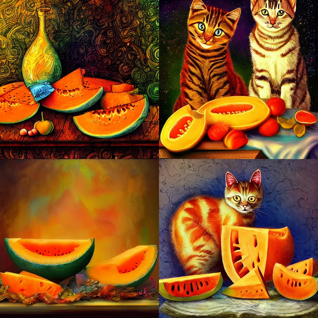 Prompt: cats with cantaloupe by petros afshar and josephine wall, still life, artstation, textured, hdr