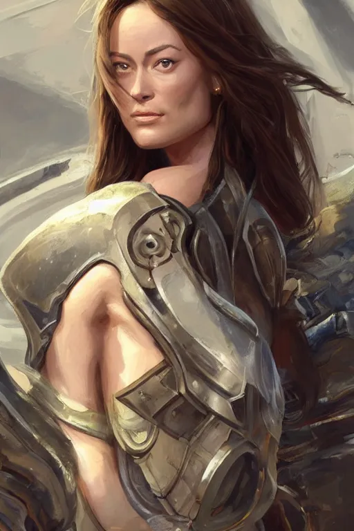 Image similar to a professional painting of a young Olivia Wilde, clothes in military armor, olive skin, long dark hair, beautiful bone structure, symmetrical facial features, intricate, elegant, digital painting, concept art, smooth, sharp focus, illustration, from StarCraft by Ruan Jia and Mandy Jurgens and Artgerm and William-Adolphe Bouguerea