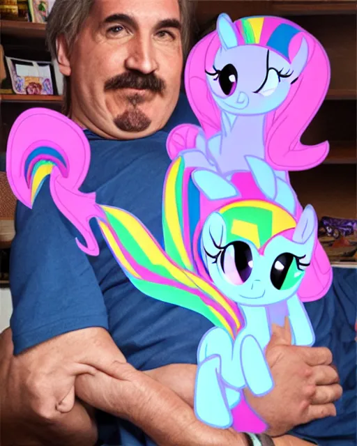 Prompt: fat mike lindell holding a my little pony print body pillow