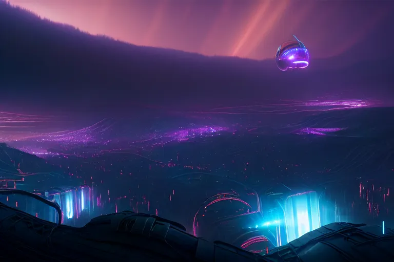 Prompt: a fantasy valley town overlooking from afar, we see above the town a clear sky view of a steampunk airship in the style of tron legacy, hyperrealism, concept art, ominous, darksynth, neon magical vaporwave, thomas cole kinkade, fog in the trees, by edvard munch and denis villeneuve, dramatic lighting, 8 k octane render