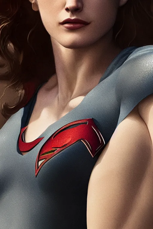 Image similar to a fancy close up of Man of Steel cast as Alexandra Daddario by Greg Rutkowski, Sung Choi, Mitchell Mohrhauser, Maciej Kuciara, Johnson Ting, Maxim Verehin, Peter Konig, 8k photorealistic, cinematic lighting, HD, high details, dramatic, trending on artstation, full body shot