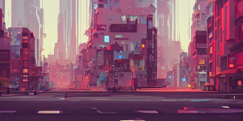 Prompt: a beautiful picture of a city with a closeup of a street, a matte painting by james gilleard, geometric lines, pixiv contest winner, retrofuturism, cityscape, 2 d game art, low poly